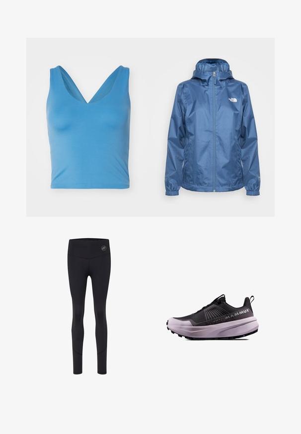 Blå vandtæt jakke med lynlås, justerbar hætte, elastiske manchetter og logo på brystet. Glat tekstur og letvægtsdesign.; Girlfriend Collective FLOAT ZOE TANK CROSS BACK - Top - surf; Sorte sportleggings med høj talje, der har et logo på fronten, glat tekstur og en tætsiddende design.; Sort og lilla trail løbesko med en tekstureret overdel, polstret sål og fremtrædende logo. Har snørebåndsdesign og holdbart mønster.