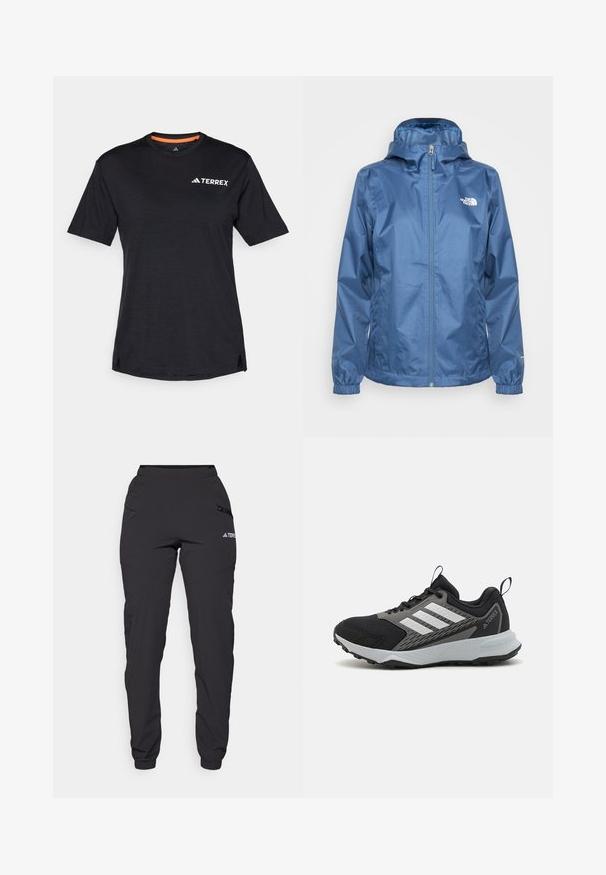 Blue waterproof jacket with a zip closure, adjustable hood, elastic cuffs, and logo on the chest. Smooth texture and lightweight design.; Black short-sleeve T-shirt with round neckline, featuring a subtle heather texture and white "TERREX" logo on the upper left side.; Black waterproof pants with an elastic waistband, zippered side pockets, tapered legs, and ribbed cuffs at the ankles. Features logo accents.; Black athletic shoe with gray accents, featuring a textured mesh upper, three white stripes, and a rubber outsole for traction.