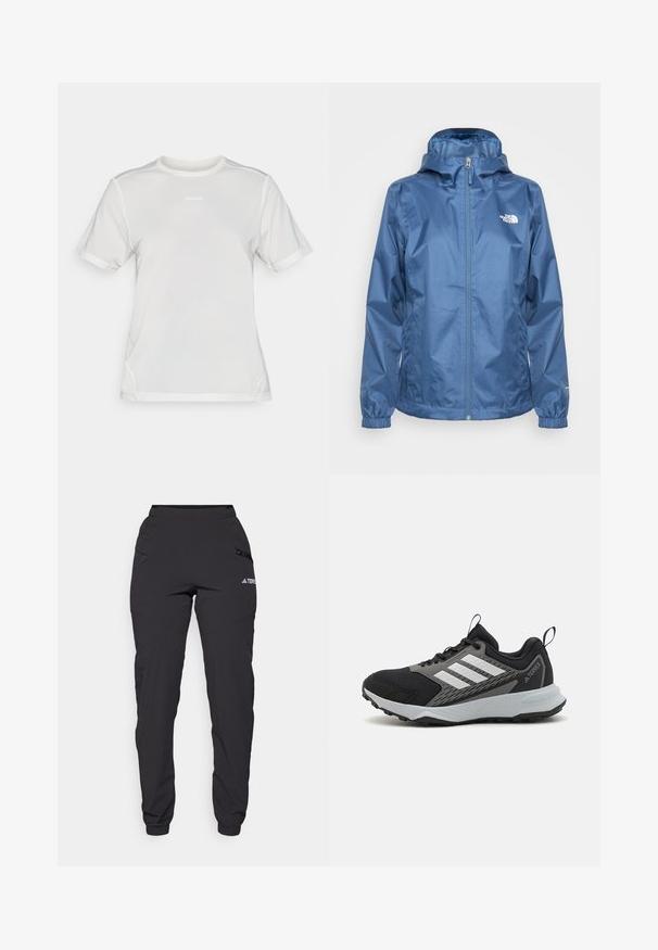 Jachetă impermeabilă albastră cu închidere cu fermoar, glugă ajustabilă, manșete elastice și logo pe piept. Textură netedă și design ușor.; Tricou athletic din plasă alb, cu mâneci scurte, guler rotund și mic logo "Salomon" centrat pe piept.; Pantaloni negri waterproof cu talie elastică, buzunare laterale cu fermoar, picioare conice și manșete ribbate la gleznă. Prezentă accente cu logo.; Pantofii sport negri cu accente gri, având un superior din plasă texturată, trei dungi albe și o talpă din cauciuc pentru aderență.