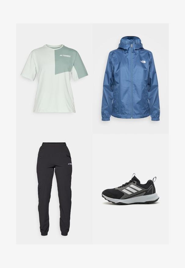 Blue waterproof jacket with a zip closure, adjustable hood, elastic cuffs, and logo on the chest. Smooth texture and lightweight design.; Light green short-sleeve t-shirt, featuring a darker green patch with white "TERREX" logo, crafted from soft, breathable fabric.; Black waterproof pants with an elastic waistband, zippered side pockets, tapered legs, and ribbed cuffs at the ankles. Features logo accents.; Black athletic shoe with gray accents, featuring a textured mesh upper, three white stripes, and a rubber outsole for traction.