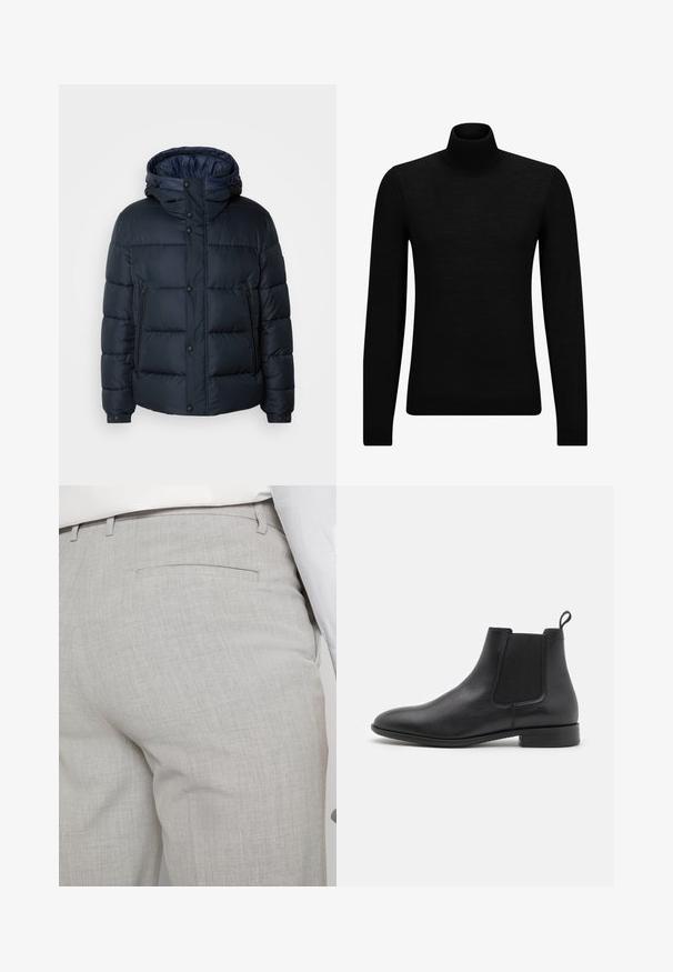 Mornarska zimska jakna s kapuco, prešita zasnova, sprednji zadrga in priponke, dve stranski žepni in elastični manšeti.; Črna turtleneck pulover iz mehkega materiala, z dolgimi rokavi in tesnim prileganjem. R ibana obroba na robu in rokavih. Preprosta zasnova.; Svetlo sive hlače po meri iz teksturirane tkanine, z enim zadnjim žepom in čistim šivom.; Črne usnjene Chelsea škornje z elastičnim stranskim panelom, pomožnim trakom na peti in nizkim lepljenim petkom na beli podlagi.