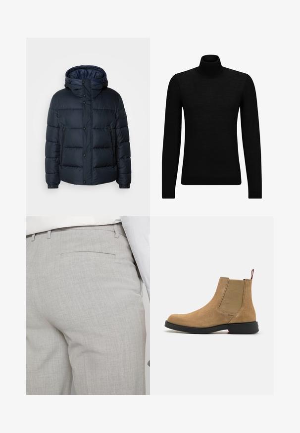 Σακάκι πούφφερ σε ναυτικό μπλε με κουκούλα, ραφιναρισμένο σχέδιο, μπροστινό φερμουάρ και κουμπώματα, δύο πλαϊνές τσέπες και ελαστικές μανσέτες.; Μαύρο πουλόβερ σταυρωτό λαιμό, φτιαγμένο από μαλακό υλικό, με μακριά μανίκια και εφαρμοστή γραμμή. Ριγωτή λεπτομέρεια στο τελείωμα και στους καρπούς. Απλός σχεδιασμός.; Ανοιχτό γκρι, ραμμένο παντελόνι από υφή ύφασμα, με μία τσέπη στο πίσω μέρος και καθαρή ραφή.; HUGO IKER - Κλασικές μπότες αστραγάλου - medium beige