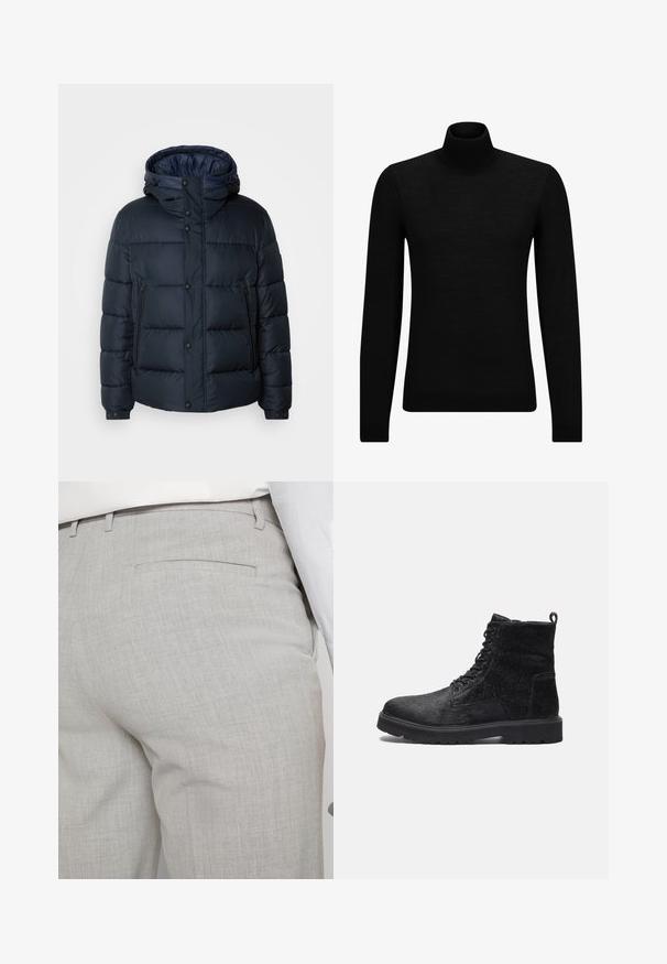 Mornarska puf jakna s kapuljačom, kvadratnim dizajnom, prednjim zatvaračem i kopčama na dugmad, sa dva bočna džepa i elastičnim manžetama.; Crni dukserica s visokim ovratnikom, napravljena od mekanog materijala, s dugim rukavima i priljubljenim krojem. Rebrasti detalji na donjem rubu i rukavima. Jednostavan dizajn.; Svijetlosive krojene hlače od teksturiranog materijala, s jednim stražnjim džepom i čistim šavovima.; Crne gležnjače s teksturiranim gornjim dijelom, sa vezanjem sprijeda, čvrstim gumenim đonom i petnom pričvršćenom trakom za lakše obuvanje.