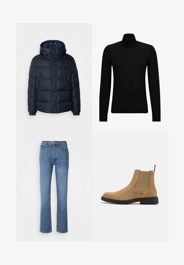 Námornícka pufovaná bunda s kapucňou, prešívaný dizajn, predný zips a druky, dve bočné vrecká a elastické manžety.; Čierny rolák vyrobený z jemného materiálu, s dlhými rukávmi a tesným strihom. Hranatý lem a manžety s ribbed úpravou. Jednoduchý dizajn.; Modré denimové džínsy s vysokým pásom, rovnými nohavicami a jemným vyblednutím. Majú klasický strih s piatimi vreckami a zapínanie na zips.; HUGO IKER - Klasické členkové čižmy - medium beige