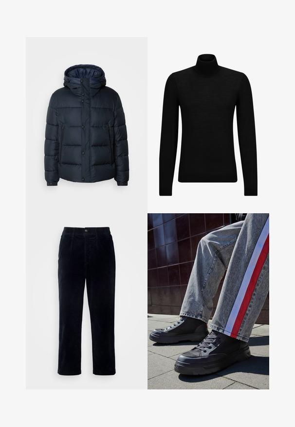 Jachetă puffer bleumarin cu glugă, design matlasat, închidere frontală cu fermoar și capse, două buzunare laterale și manșete elasticizate.; Pulover negru cu guler înalt, realizat dintr-un material moale, cu mâneci lungi și o croială ajustată. Tiv și mansete cu margine ondulată. Design simplu.; Pantaloni din catifea ribată de culoare albastru închis, cu un design cu picior drept, având închidere cu nasture și o textură subtilă de riglă verticală.; Tenisi negri cu guler înalt, prevăzuți cu panouri din plasă și talpă din cauciuc groasă, asortați cu blugi gri cu dungi laterale roșii și albe.