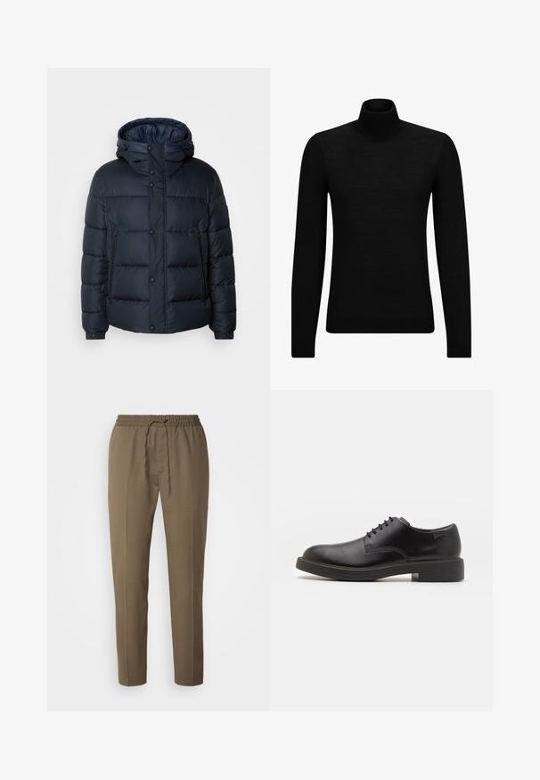 Námořnická páperová bunda s kapucí, prošívaný design, přední zip a patentky, dvě boční kapsy a pružné manžety.; Černý rolák vyrobený z měkkého materiálu, s dlouhými rukávy a těsným střihem. Hladký lem na spodním okraji a manžetách. Jednoduchý design.; Hnědé, lehké kalhoty s elastickým pasem a šňůrkou. Mají rovné nohavice a hladkou texturu. Bez kapes.; Černé kožené šněrovací boty s kulatou špičkou, hladkým povrchem, minimálním prošíváním a nízkým gumovým podpatkem. Logo na patě.