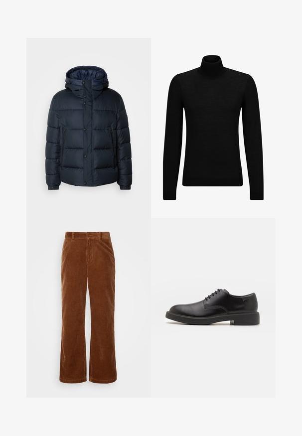 Marineblå pufferjakke med hette, quiltet design, frontglidelås og trykknapper, to sidelommer og elastiske mansjetter.; Svart genser med høy hals laget av mykt materiale, med lange ermer og en tettsittende passform. Ribbestrikket kant nederst og ved ermene. Enkelt design.; Brune kordfløyelsbukser med bred ben design, med vertikal ribbet tekstur, knappelukking og standard beltegrep.; Svart lær snøre sko med rund tå, glatt tekstur, minimal søm, og lav gummihæl. Logo på hælen.