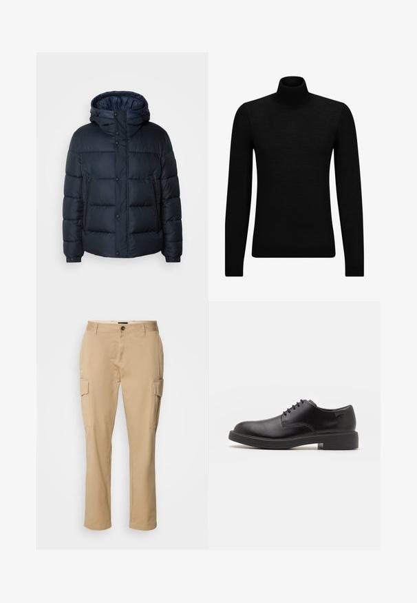 Granatowa kurtka puchowa z kapturem, pikowany wzór, zamek błyskawiczny i zatrzaski z przodu, dwie boczne kieszenie oraz elastyczne mankiety.; Czarny sweter z golfem wykonany z miękkiego materiału, z długimi rękawami i dopasowanym krojem. Żebrowane wykończenie na dolnym brzegu i mankietach. Prosty design.; Beżowe spodnie cargo wykonane z bawełny. Posiadają dwie kieszenie boczne, zapięcie na guzik oraz prostą nogawkę. Gładka struktura, casualowy styl.; Czarny skórzany but za kostkę z okrągłym noskiem, gładką fakturą, minimalnym przeszyciem i niskim gumowym obcasem. Logo na pięcie.