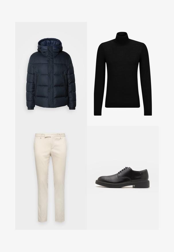 Námornícka pufovaná bunda s kapucňou, prešívaný dizajn, predný zips a druky, dve bočné vrecká a elastické manžety.; Čierny rolák vyrobený z jemného materiálu, s dlhými rukávmi a tesným strihom. Hranatý lem a manžety s ribbed úpravou. Jednoduchý dizajn.; Béžové tailorované nohavice vyrobené z hladkej tkaniny. Slim-fit strih s plochým predným dielom a bočnými vreckami. Minimalistický štýl bez ozdôb.; Čierne kožené šnurovacie topánky s okrúhlou špičkou, hladkým povrchom, minimálnym prešívaním a nízkym gumovým podpätkom. Logo na podpätku.