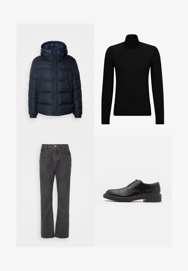 Navy puffer jacket with hood, quilted design, front zip and snap closures, two side pockets, and elasticized cuffs.; Mustahuivi neule, joka on valmistettu pehmeästä materiaalista, jossa on pitkät hihat ja tiukka istuvuus. Ribbaus reunassa ja hihansuissa. Yksinkertainen muotoilu.; Mustat farkut suoranlahkeisella designilla, joissa on etunapitus, vyölenkit ja hienovarainen kuluminen tekstuuria varten.; Mustat nahkasaappaat, joissa on pyöreä kärki, sileä pinta, minimaalinen ommel ja matala kumipohja. Logo kannassa.