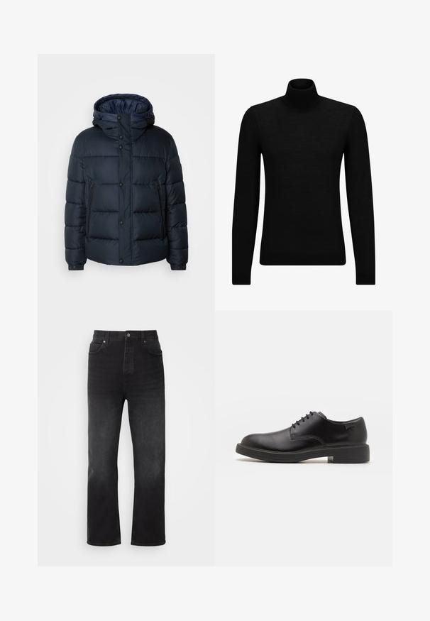 Jachetă puffer bleumarin cu glugă, design matlasat, închidere frontală cu fermoar și capse, două buzunare laterale și manșete elasticizate.; Pulover negru cu guler înalt, realizat dintr-un material moale, cu mâneci lungi și o croială ajustată. Tiv și mansete cu margine ondulată. Design simplu.; HUGO NATE - Blugi largi - dark grey; Pantofii din piele neagră, cu șireturi, au vârful rotunjit, o textură netedă, cusături minime și un toc de cauciuc scăzut. Logo pe toc.