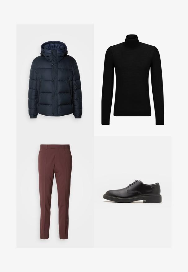 Tengerészkék pufi dzseki kapucnival, steppelt mintával, elöl cipzárral és patentos záródással, két oldalsó zsebbel és rugalmas mandzsettákkal.; Fekete garbó pulóver puha anyagból, hosszú ujjakkal és szoros fazonnal. Ribbed díszítés az alján és az ujjak végén. Egyszerű dizájn.; BOSS GEORGE - Nadrágok - open red; Fekete bőrcipő, kerek orrú, sima felületű, minimális varrással és alacsony gumitalppal. Logó a sarokrészen.