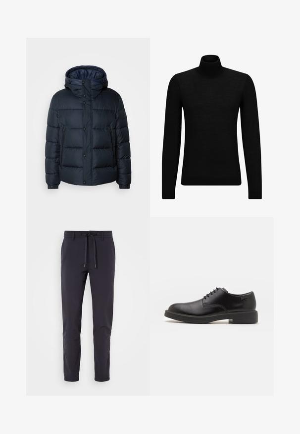 Marinblå puffjacka med huva, quiltat mönster, dragkedja och tryckknappar fram, två sidofickor och elastiska ärmslut.; Svart polotröja gjord av mjukt material, med långa ärmar och en åtsittande passform. Ribbat avslut vid fåll och ärmslut. Enkelt mönster.; Marinblå, lätta byxor med en strukturerad yta, elastisk midja och justerbar dragsko. Har avsmalnande ben och förstärkta knän.; Svart läder snörsko med rund tå, slät yta, minimal söm och låg gummihäl. Logotyp på hälen.