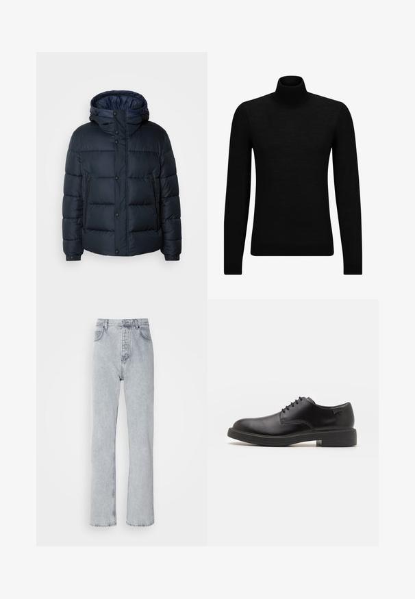 Navy puffer jacket with hood, quilted design, front zip and snap closures, two side pockets, and elasticized cuffs.; Mustahuivi neule, joka on valmistettu pehmeästä materiaalista, jossa on pitkät hihat ja tiukka istuvuus. Ribbaus reunassa ja hihansuissa. Yksinkertainen muotoilu.; Vaaleanharmaat farkut, joissa on suora lahjeline muotoilu, korkea vyötärö, viisi taskua ja näkyvät ompelusaumat.; Mustat nahkasaappaat, joissa on pyöreä kärki, sileä pinta, minimaalinen ommel ja matala kumipohja. Logo kannassa.