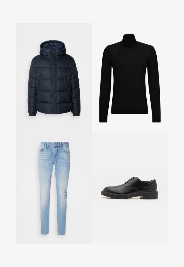 Marineblå pufferjakke med hette, quiltet design, frontglidelås og trykknapper, to sidelommer og elastiske mansjetter.; Svart genser med høy hals laget av mykt materiale, med lange ermer og en tettsittende passform. Ribbestrikket kant nederst og ved ermene. Enkelt design.; Lyseblå denimjeans med slim fit, med slitte detaljer og et klassisk fem-lomme design. Rundt kant og metallknapplukking.; Svart lær snøre sko med rund tå, glatt tekstur, minimal søm, og lav gummihæl. Logo på hælen.