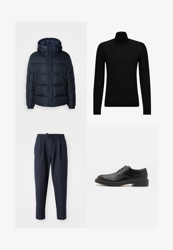 Námornícka pufovaná bunda s kapucňou, prešívaný dizajn, predný zips a druky, dve bočné vrecká a elastické manžety.; Čierny rolák vyrobený z jemného materiálu, s dlhými rukávmi a tesným strihom. Hranatý lem a manžety s ribbed úpravou. Jednoduchý dizajn.; Námornícke nohavice s elastickým pásom, detailom na šnúrku, zužujúcim strihom, hladkou textúrou a bočnými vreckami.; Čierne kožené šnurovacie topánky s okrúhlou špičkou, hladkým povrchom, minimálnym prešívaním a nízkym gumovým podpätkom. Logo na podpätku.