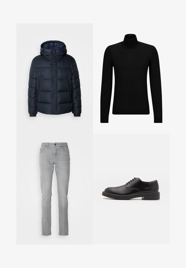 Námořnická páperová bunda s kapucí, prošívaný design, přední zip a patentky, dvě boční kapsy a pružné manžety.; Černý rolák vyrobený z měkkého materiálu, s dlouhými rukávy a těsným střihem. Hladký lem na spodním okraji a manžetách. Jednoduchý design.; Světlé šedé džíny s rovnými nohavicemi, které mají přední zapínání na knoflík, pět kapsí a jemné detaily blednutí.; Černé kožené šněrovací boty s kulatou špičkou, hladkým povrchem, minimálním prošíváním a nízkým gumovým podpatkem. Logo na patě.