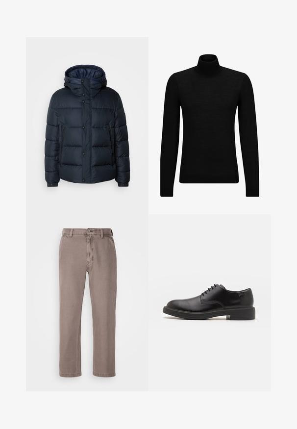 Navy puffer jacket with a hood, quilted design, front zip and snap closures, two side pockets, and elasticized cuffs.; Black turtleneck sweater made of soft material, featuring long sleeves and a snug fit. Ribbed trim at the hem and cuffs. Simple design.; Brown, straight-leg pants made from soft cotton blend. Features a button closure, belt loops, and side pockets. Minimalist design.; Black leather lace-up shoe with a rounded toe, smooth texture, minimal stitching, and a low rubber heel. Logo on the heel.