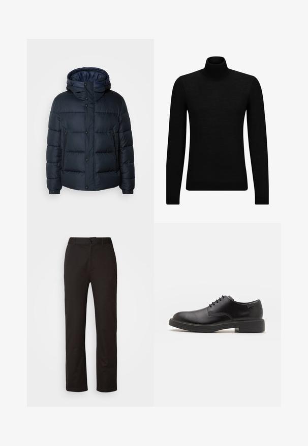 Jachetă puffer bleumarin cu glugă, design matlasat, închidere frontală cu fermoar și capse, două buzunare laterale și manșete elasticizate.; Pulover negru cu guler înalt, realizat dintr-un material moale, cu mâneci lungi și o croială ajustată. Tiv și mansete cu margine ondulată. Design simplu.; Mads Nørgaard METROPOLIS MORTEN PANTS - Pantaloni chino - brown; Pantofii din piele neagră, cu șireturi, au vârful rotunjit, o textură netedă, cusături minime și un toc de cauciuc scăzut. Logo pe toc.