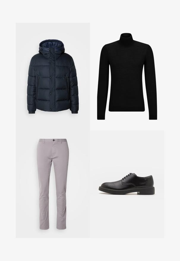 Marineblå pufferjakke med hette, quiltet design, frontglidelås og trykknapper, to sidelommer og elastiske mansjetter.; Svart genser med høy hals laget av mykt materiale, med lange ermer og en tettsittende passform. Ribbestrikket kant nederst og ved ermene. Enkelt design.; Lysegrå bomullsbukser med slim fit, flat front og enkelt knappelukking. Kjennetegnes av rene linjer og minimalistisk detaljering.; Svart lær snøre sko med rund tå, glatt tekstur, minimal søm, og lav gummihæl. Logo på hælen.