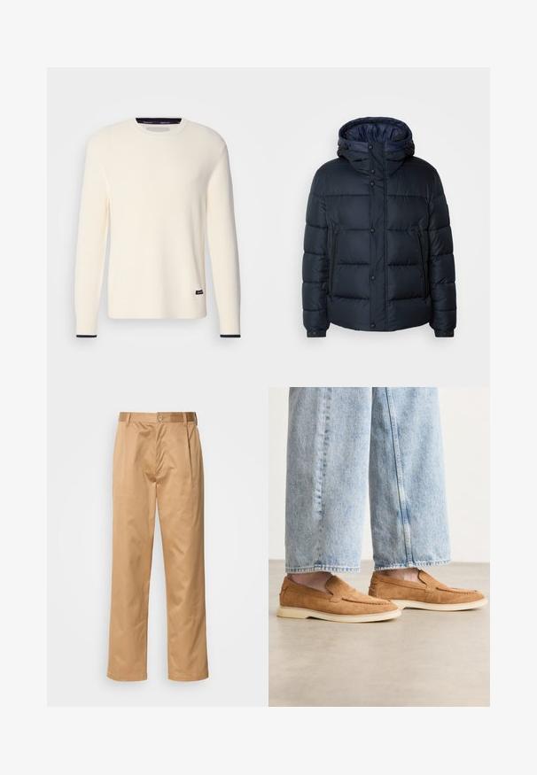 Tumesinine puhvjakiri kapuutsiga, tikkpatterndiga, ees lukuga ja nööbiga kinnitused, kaks küljetaskut ning elastsed varrukaotstarbelised. ; Ribaga kreemikoolisvaba kampsun ümmarguse kaeluse, pikate varrukate ja tumesinise aktsendiga mansettides. Särkeel on väike logo silt.; Khekilõngid, puuvilla segu, sirge jala disain, ees olevad voldid, vööloopid ja nupuga sulg. Sile tekstuur ilma mustriteta.; Pruunid sametist libisemisega kingad madala profiiliga, kreemjas välimuses tallaga ja õmblusdetailidega, koos helesiniste denimipükstega.