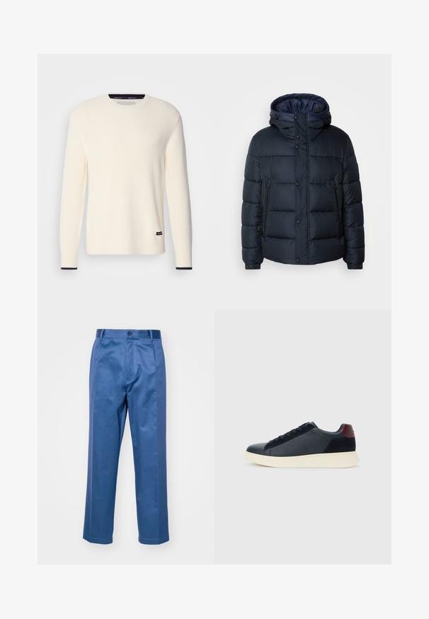 Marine blauwe pufferjack met een capuchon, doorgestikt ontwerp, voorrits en drukknoopsluiting, twee zijzakken en elastische manchetten.; Geribbelde crèmekleurige sweater met een ronde hals, lange mouwen en een marineblauwe accent bij de boorden. Bevat een klein logo-label aan de zoom.; Blauwe broek van een gladde stof, met een recht model, een knoopsluiting en subtiele stiksels.; Lage herensneaker van zwart leer en suede met een bordeauxrode hieltab en een witte rubberen zool, gezien vanuit de buitenkant.