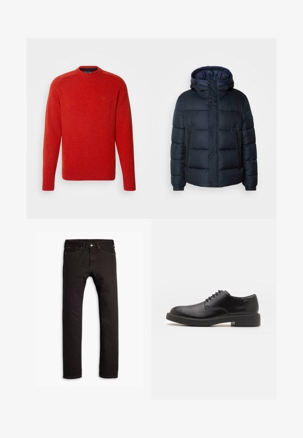 Marineblaue Steppjacke mit Kapuze, gestepptem Design, Frontreißverschluss und Druckknopfverschluss, zwei Seitentaschen und elastischen Bündchen.; Roter Strickpullover mit gerippten Bündchen und Saum, runder Ausschnitt und subtilen Logodetails auf der Brust. Hergestellt aus weichem Wollmischgewebe.; Schwarze schmal geschnittene Jeans mit fünf Taschen und Knopfschluss, flach auf einem weißen Hintergrund präsentiert.; Schwarzer Leder-Schnürschuh mit abgerundetem Zeh, glatter Textur, minimaler Naht und niedrigem Gummiabsatz. Logo auf der Ferse.