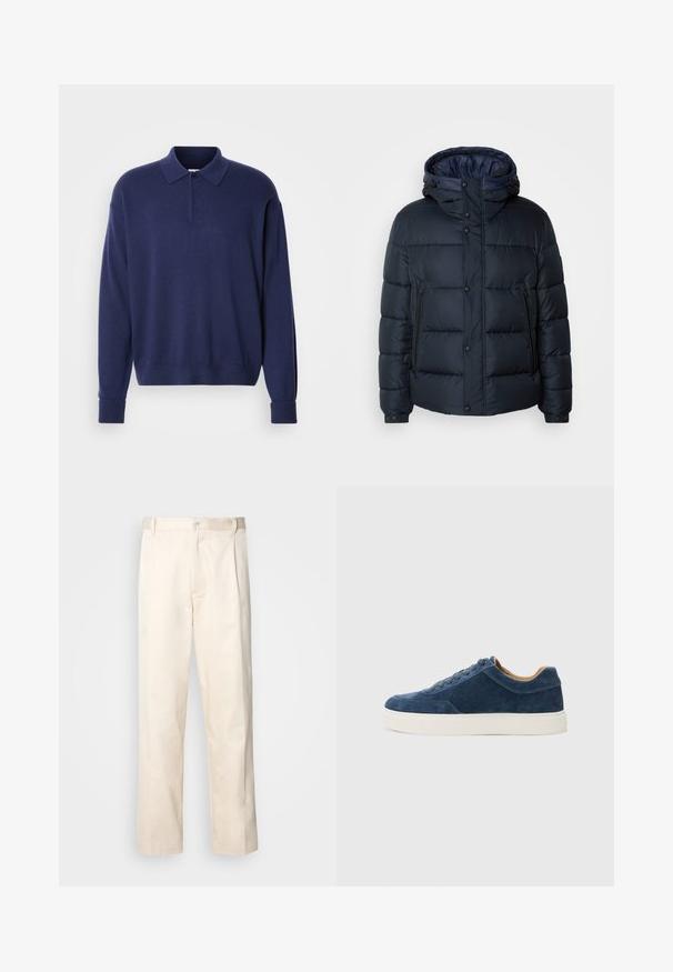 Casaco puffer azul-marinho com capuz, design acolchoado, fecho à frente com zíper e botões de pressão, dois bolsos laterais e punhos elástico.; Suéter azul-marinho de gola, com mangas longas e punhos canelados. Textura suave, com um corte descontraído e uma pala com três botões.; Calças de algodão bege com corte reto, apresentando um fecho de botão e pregas na frente para um detalhe adicional.; Sapatilhas em camurça azul com sola de borracha branca, design de atacador, biqueira arredondada e interior em tom contrastante de bege. Detalhes de costura sutis.