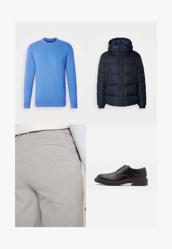 Veste matelassée marine avec capuche, design quilté, fermeture éclair et boutons-pressions à l'avant, deux poches latérales et poignets élastiques.; Pull en maille bleu à manches longues, col rond, avec des poignets et un ourlet côtelés. Texture douce, couleur uniforme, étiquette à l'intérieur du col.; Pantalon gris clair sur mesure en tissu texturé, avec une seule poche arrière et des coutures nettes.; Chaussure noire en cuir à lacets avec un embout arrondi, texture lisse, piqures minimales et un petit talon en caoutchouc. Logo sur le talon.