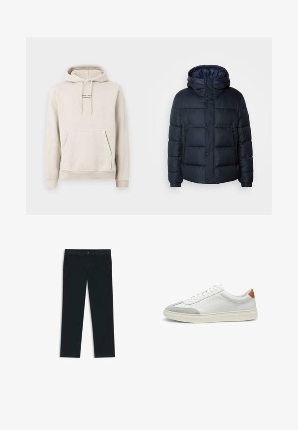 Marine blauwe pufferjack met een capuchon, doorgestikt ontwerp, voorrits en drukknoopsluiting, twee zijzakken en elastische manchetten.; Beige hoodie gemaakt van zachte stof, met een kangoeroezak, een capuchon met trekkoord en een klein zwart tekstlogo op de borst.; Donkerblauwe chino's gemaakt van een katoenmix stof. Voorzien van riemlussen, front pockets en een rits met knoopsluiting.; Witte leren sneakers met grijze suede accenten en een tan leren hieltab. Kenmerkt zich door een textuurovervlak en een lichtgewicht zool.