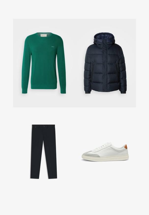 Navy puffer jacket with a hood, quilted design, front zip and snap closures, two side pockets, and elasticized cuffs.; Green knit sweater with long sleeves, crew neck, and a textured pattern. Features a small white logo on the left chest.; Men's dark navy trousers made of lightweight fabric. Features a button closure, belt loops, and two side pockets. Straight leg design.; White leather sneakers with gray suede accents and a tan leather heel tab. Features a textured surface and lightweight sole.