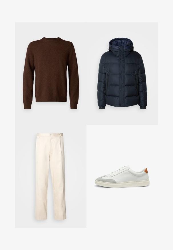 Marineblaue Steppjacke mit Kapuze, gestepptem Design, Frontreißverschluss und Druckknopfverschluss, zwei Seitentaschen und elastischen Bündchen.; Samsøe Samsøe ISAK SWEATER - Strickpullover - chocolate torte; Beige Baumwollhose mit geradem Bein, ausgestattet mit einem Knopfverschluss und Falten an der Vorderseite für zusätzliche Details.; Weiße Leder-Sneaker mit grauen Wildlederakzenten und einer sandfarbenen Lederfersenschlaufe. Sie verfügen über eine strukturierte Oberfläche und eine leichte Sohle.