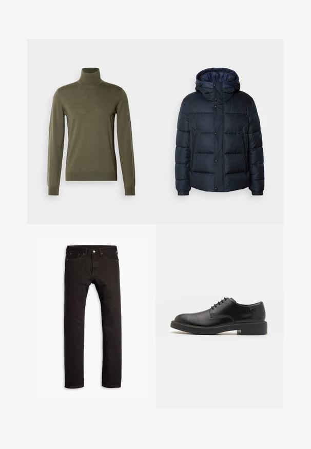 Mornarska zimska jakna s kapuco, prešita zasnova, sprednji zadrga in priponke, dve stranski žepni in elastični manšeti.; HUGO SAN THOMAS - Pulover - olive; Črne ozke kavbojke s petimi žepi in gumbom za zapiranje, predstavljene ležerno na beli podlagi.; Črne usnjene čipkaste čevlje z zaobljenim nosom, gladko teksturo, minimalnim šitjem in nizkim gumijastim peto. Logo na peti.