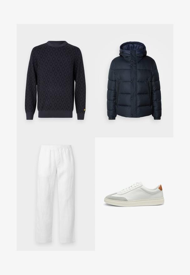 Marineblaue Steppjacke mit Kapuze, gestepptem Design, Frontreißverschluss und Druckknopfverschluss, zwei Seitentaschen und elastischen Bündchen.; Navyblauer Strickpullover mit einem Rautenmuster, rundem Ausschnitt, gerippten Bündchen und Saum sowie einem kleinen gelben Logo am linken Ärmel.; Weiße Leinenhose mit elastischem Bund, geradem Bein und weicher Textur ohne sichtbare Muster oder Verzierungen.; Weiße Leder-Sneaker mit grauen Wildlederakzenten und einer sandfarbenen Lederfersenschlaufe. Sie verfügen über eine strukturierte Oberfläche und eine leichte Sohle.