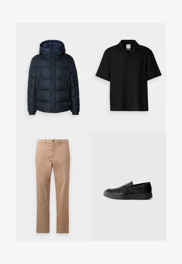 Granatowa kurtka puchowa z kapturem, pikowany wzór, zamek błyskawiczny i zatrzaski z przodu, dwie boczne kieszenie oraz elastyczne mankiety.; Czarna koszula z krótkim rękawem wykonana z lnu, z guzikami z przodu, klinowym kołnierzykiem i gładką fakturą. Brak wyraźnych wzorów lub akcentów.; Beżowe chinosy wykonane z bawełny o gładkiej fakturze, z zamkiem błyskawicznym i zapięciem na guzik. Prosty krój nogawek, bez widocznych wzorów czy akcentów.; Calvin Klein HYBRID CUP czarny