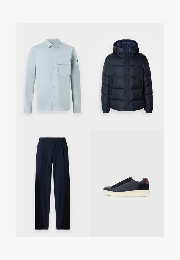 Marineblå pufferjakke med hette, quiltet design, frontglidelås og trykknapper, to sidelommer og elastiske mansjetter.; Lyseblå skjorte med lange ermer laget av myk stoff, med knapping foran, brystlomme og en enkel kragedesign.; Mørkeblå bukser med en glat overflade, vide ben, forkantplisseringer, bæltestropper og lynlås. Velegnet til både formelle og afslappede anledninger.; Lave herresko i sort læder og ruskind med maroon hælflap og hvid gummisål, set fra ydersiden.