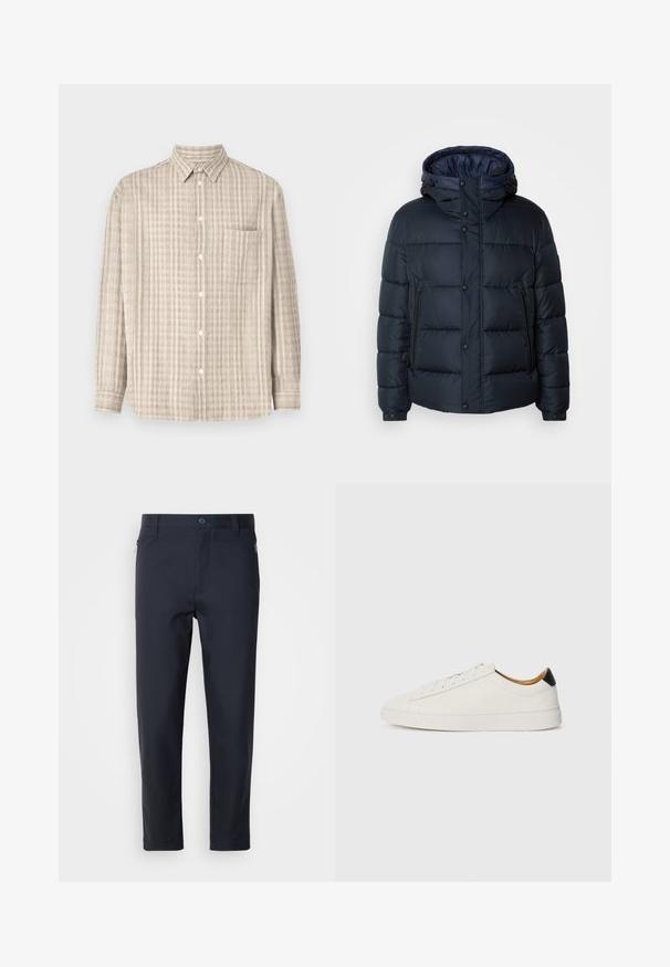 Námornícka pufovaná bunda s kapucňou, prešívaný dizajn, predný zips a druky, dve bočné vrecká a elastické manžety.; Košeľa na gombíky vo svetlo béžovej farbe s kontrolným vzorom, dlhými rukávmi, náprsní vreckom a pravidelným golierom.; Námornícky modré nohavice so strihom, vyrobené z hladkého materiálu, s vreckom na zips, rovnými nohavicami a gombíkovým zapínaním na páse.; Biele tenisky s hladkým koženým zvrškom, okrúhlou špičkou a plochou podrážkou. Čierny detail na päte, s tonálnym viazaním a minimálnym brandingom.