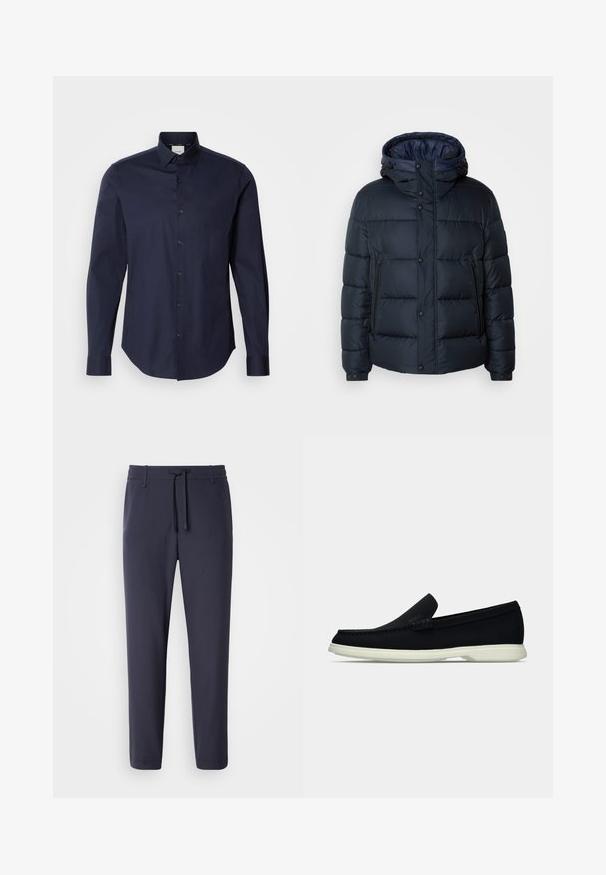 Casaco puffer azul-marinho com capuz, design acolchoado, fecho à frente com zíper e botões de pressão, dois bolsos laterais e punhos elástico.; Camisa botão azul-marinho, feita de algodão. Apresenta mangas longas, colarinho pontudo e uma chapa com botões combinando. Textura suave.; Calças de jogging navais com cintura elástica e cordão. Feitas de um material suave, com pernas afuniladas e sem bolsos visíveis.; Shoe slip-on preto com bico arredondado, apresentando um cabedal texturizado, sola branca lisa e um detalhe de marca discreto na lateral.