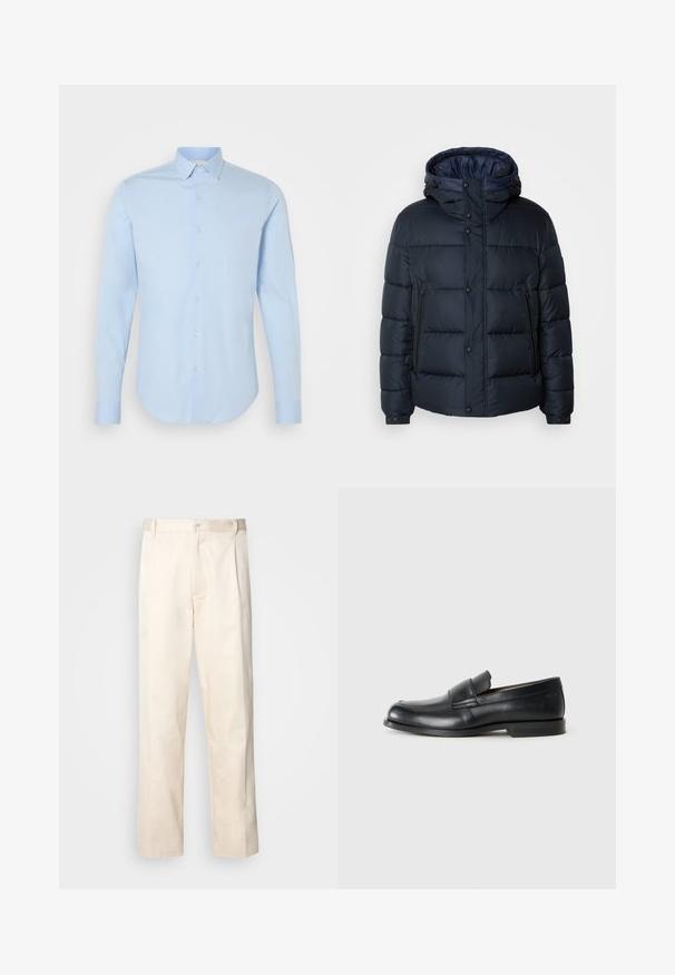 Cazadora acolchada azul marino con capucha, diseño acolchado, cierre frontal con cremallera y botones a presión, dos bolsillos laterales y puños elásticos.; Camisa de manga larga azul claro con botones, de corte clásico y dobladillo redondeado, con botones nacarados. Tejido de algodón suave, ajuste entallado.; Pantalones de algodón beige con corte recto, que cuentan con un cierre de botón y pliegues en la parte frontal para un detalle adicional.; Mocasines de cuero negro con punta redondeada, detalles cosidos y suela plana de goma. Presentan una banda ancha sobre el empeine.