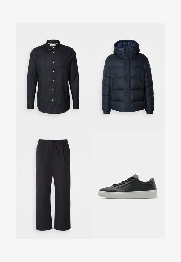 Marineblaue Steppjacke mit Kapuze, gestepptem Design, Frontreißverschluss und Druckknopfverschluss, zwei Seitentaschen und elastischen Bündchen.; Scotch & Soda CORE OXFORD SOLID - Hemd - black; Weite Hosen aus strukturiertem schwarzem Stoff mit einem Kordelzugbund, ausgestattet mit zwei Fronttaschen und einem geraden Schnitt.; Schwarze Ledersneaker mit glatter Textur, runder Zehenform und schwarzen Schnürsenkeln. Verfügt über eine dicke, weiße Gummisohle mit subtilen geometrischen Akzenten.