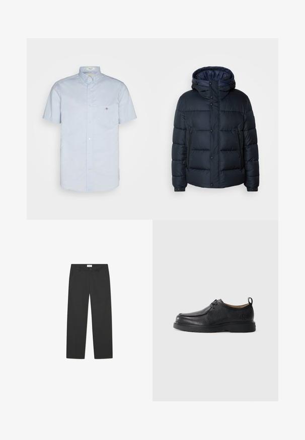 Cazadora acolchada azul marino con capucha, diseño acolchado, cierre frontal con cremallera y botones a presión, dos bolsillos laterales y puños elásticos.; Camisa de color azul claro de manga corta con cuello de botón, que incluye un bolsillo en el lado izquierdo del pecho y un pequeño detalle de logo. Hecha de una tela suave.; Pantalones negros de tejido ligero. Presentan un diseño de pierna recta con un frente plano, bolsillos laterales y una cinturilla discreta.; Zapato de cuero negro con un acabado suave, punta redondeada, costuras sutiles, diseño de cordones y una lengüeta trasera texturizada.
