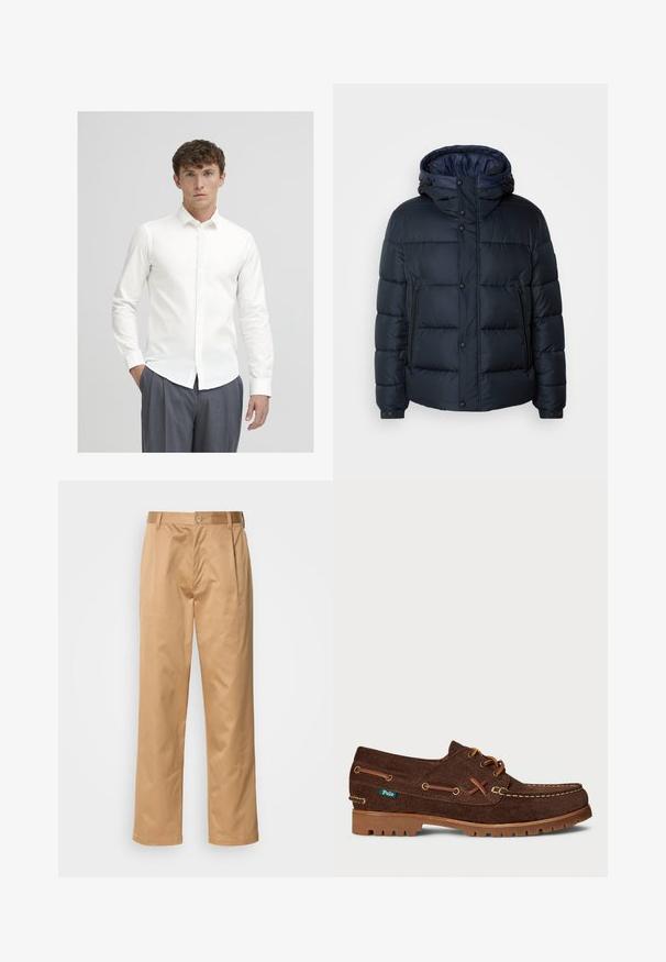 Navy puffer jacket with a hood, quilted design, front zip and snap closures, two side pockets, and elasticized cuffs.; White button-up shirt with long sleeves, made of smooth fabric. Features a classic collar and slim cut, paired with gray pinstriped trousers.; Khaki trousers, cotton blend, straight-leg design, front pleats, belt loops, and button closure. Smooth texture with no patterns.; Brown suede leather boat shoe with tan laces, contrast stitching, rubber sole, and small green Polo brand tag on side.