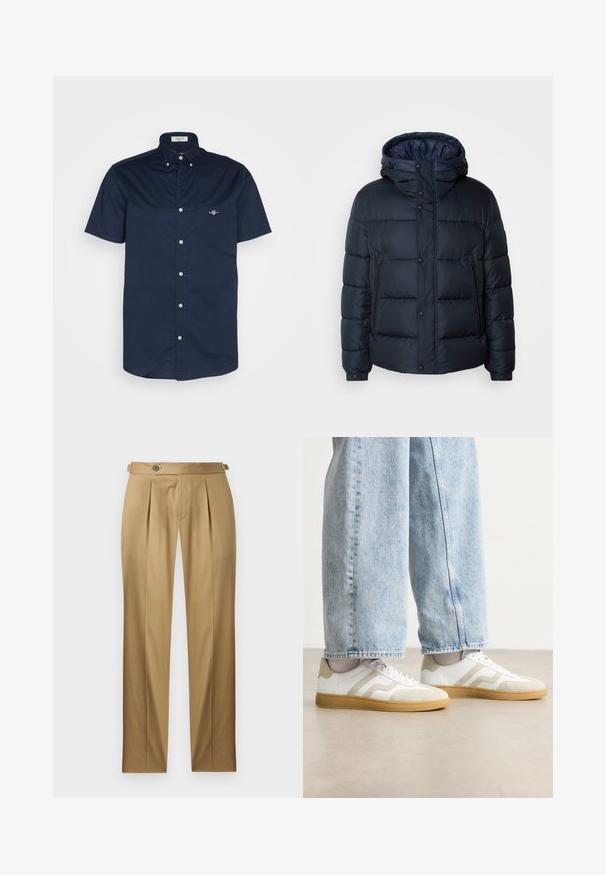 Jachetă puffer bleumarin cu glugă, design matlasat, închidere frontală cu fermoar și capse, două buzunare laterale și manșete elasticizate.; Cămașă din bumbac cu mânecă scurtă, de culoare albastru închis, cu un buzunar decorat cu un logo mic și guler răspândit cu închideri cu nasturi.; Pantaloni bej cu croială dreaptă, având pliuri, închidere cu nasture și căptușeală pentru curea. Țesătură netedă cu un aspect curat și croială impecabilă.; Adidași albi cu accente din suede bej și soles din cauciuc deschis; prezentând un design low-top și detalii texturate pe partea superioară.