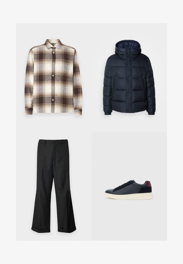 Marineblå pufferjakke med hette, quiltet design, frontglidelås og trykknapper, to sidelommer og elastiske mansjetter.; Brun og kremfarget rutete skjorte med lange ermer, laget av et mykt stoff; har spredt krage og lyse treknapper.; Svart vide buks med knappet midjebånd og oppbrettede nederkant, vist mot en enkel hvit bakgrunn.; Lave herresko i sort læder og ruskind med maroon hælflap og hvid gummisål, set fra ydersiden.