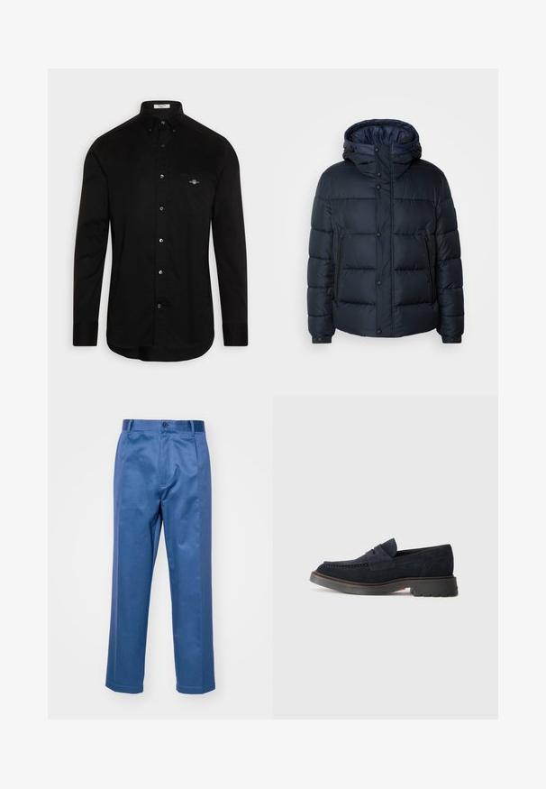 Σακάκι πούφφερ σε ναυτικό μπλε με κουκούλα, ραφιναρισμένο σχέδιο, μπροστινό φερμουάρ και κουμπώματα, δύο πλαϊνές τσέπες και ελαστικές μανσέτες.; Μαύρο πουκάμισο με κουμπιά, φτιαγμένο από βαμβάκι, με κωνικό γιακά, μακριά μανίκια και τσέπη στο στήθος με μικρό λογότυπο ραμμένο σε χρώμα.; Μπλε παντελόνι από λείο ύφασμα, με σχέδιο ίσιας γραμμής, κλείσιμο με κουμπί και διακριτές ραφές.; Ναυτικό μπλε σουέντ λόφες με στρογγυλή μύτη, διακοσμητική ραφή και καουτσούκ σόλα με ελαφριά ανύψωση. Ανθεκτικό υλικό και σχέδιο.