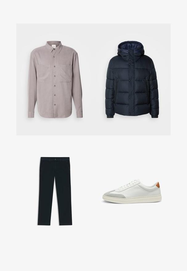 Giacca puffy blu navy con cappuccio, design trapuntato, chiusura frontale con zip e bottoni a pressione, due tasche laterali e polsini elasticizzati.; Camicia a maniche lunghe con bottoni in tessuto grigio tenue, dotata di due tasche sul petto, colletto classico e chiusure a bottoni tonali.; Chinos di un blu navy scuro realizzati in tessuto misto cotone. Presentano passanti per cintura, tasche frontali e una chiusura con zip e bottone.; Sneakers bianchi in pelle con accenti in suede grigio e un tallone in pelle beige. Presentano una superficie testurizzata e una suola leggera.
