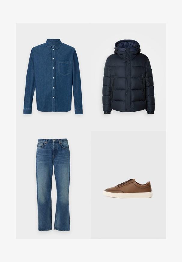 Navy puffer jacket with a hood, quilted design, front zip and snap closures, two side pockets, and elasticized cuffs.; Dark blue denim shirt with long sleeves, button-up front, collar, and a single chest pocket. Features a smooth texture and standard fit.; Blue denim jeans with a straight cut, featuring a classic five-pocket design, faded texture, and copper rivet accents.; Brown leather sneaker with a smooth finish, lace-up design, and contrasting off-white rubber sole. Minimal branding on the side.