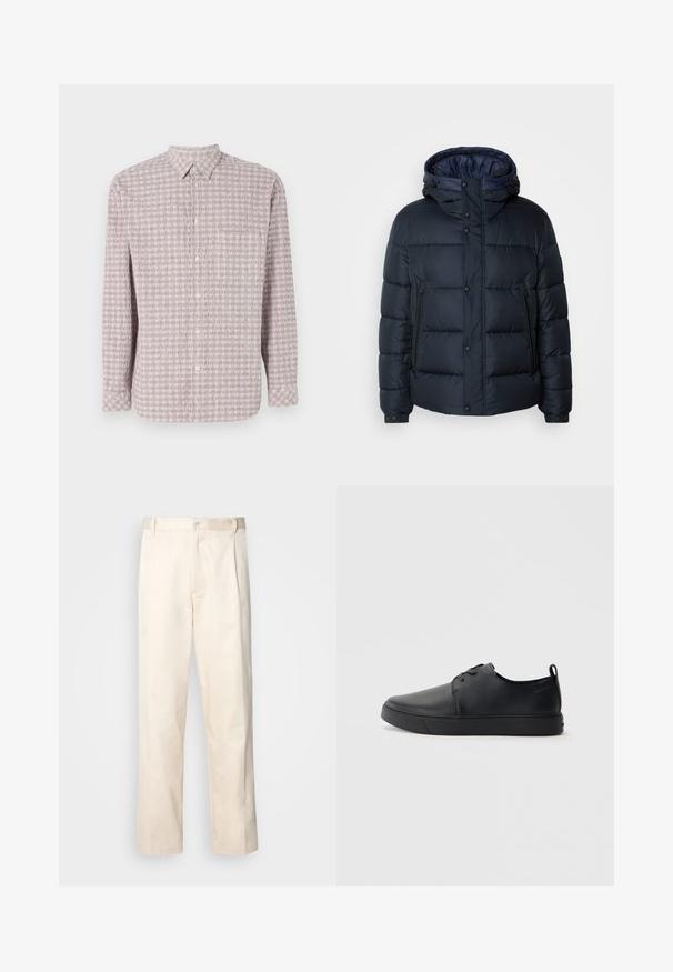 Granatowa kurtka puchowa z kapturem, pikowany wzór, zamek błyskawiczny i zatrzaski z przodu, dwie boczne kieszenie oraz elastyczne mankiety.; Koszula z długim rękawem, zapinana na guziki w jasnoróżowym kolorze z teksturowanym kwadratowym wzorem. Bawełnowy materiał, klasyczny kołnierzyk i zapięcie na guziki.; Beżowe bawełniane spodnie o prostym kroju nogawki, z zapięciem na guziki i plisami z przodu dla dodatkowego zdobienia.; Czarne skórzane sneakersy o gładkim wykończeniu, zaokrąglonym nosku, tonalnym przeszyciu, sznurowanym przodzie oraz płaskiej gumowej podeszwie. Pętla na pięcie.
