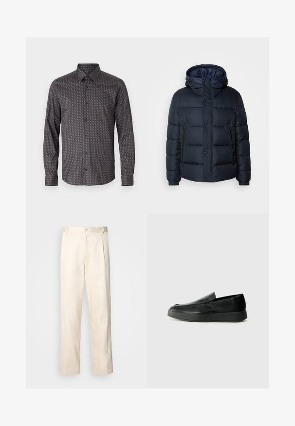 Tengerészkék pufi dzseki kapucnival, steppelt mintával, elöl cipzárral és patentos záródással, két oldalsó zsebbel és rugalmas mandzsettákkal.; Sötétkék hosszúujjú ing, finom geometriai mintázattal világoskék és barna színben. Hagyományos gallérral és gombos záródással rendelkezik.; Beige pamut nadrág egyenes szárú kivágással, gombos záródással és elülső redőkkel a részletek fokozása érdekében.; Calvin Klein HYBRID CUP - Belebújós cipők - triple black