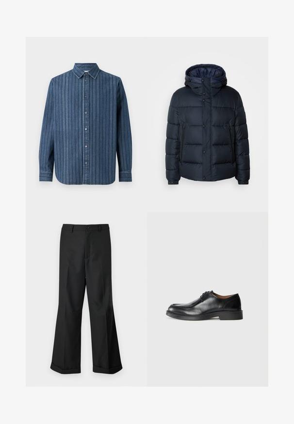 Jachetă puffer bleumarin cu glugă, design matlasat, închidere frontală cu fermoar și capse, două buzunare laterale și manșete elasticizate.; Samsøe Samsøe SADAMON SHIRT - Cămașă - denim; Pantaloni negri cu picioare largi, cu talie cu nasturi și margini răsucite, expuși pe un fundal alb simplu.; Pantof black din piele cu vârf rotunjit, suprafață netedă, accente cu șireturi și o talpă joasă din cauciuc texturat. Linii curate și un design minimalist.
